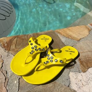 Hot Kiss Vibrant Yellow Sandals with Sparkling Round Rhinestone Accents